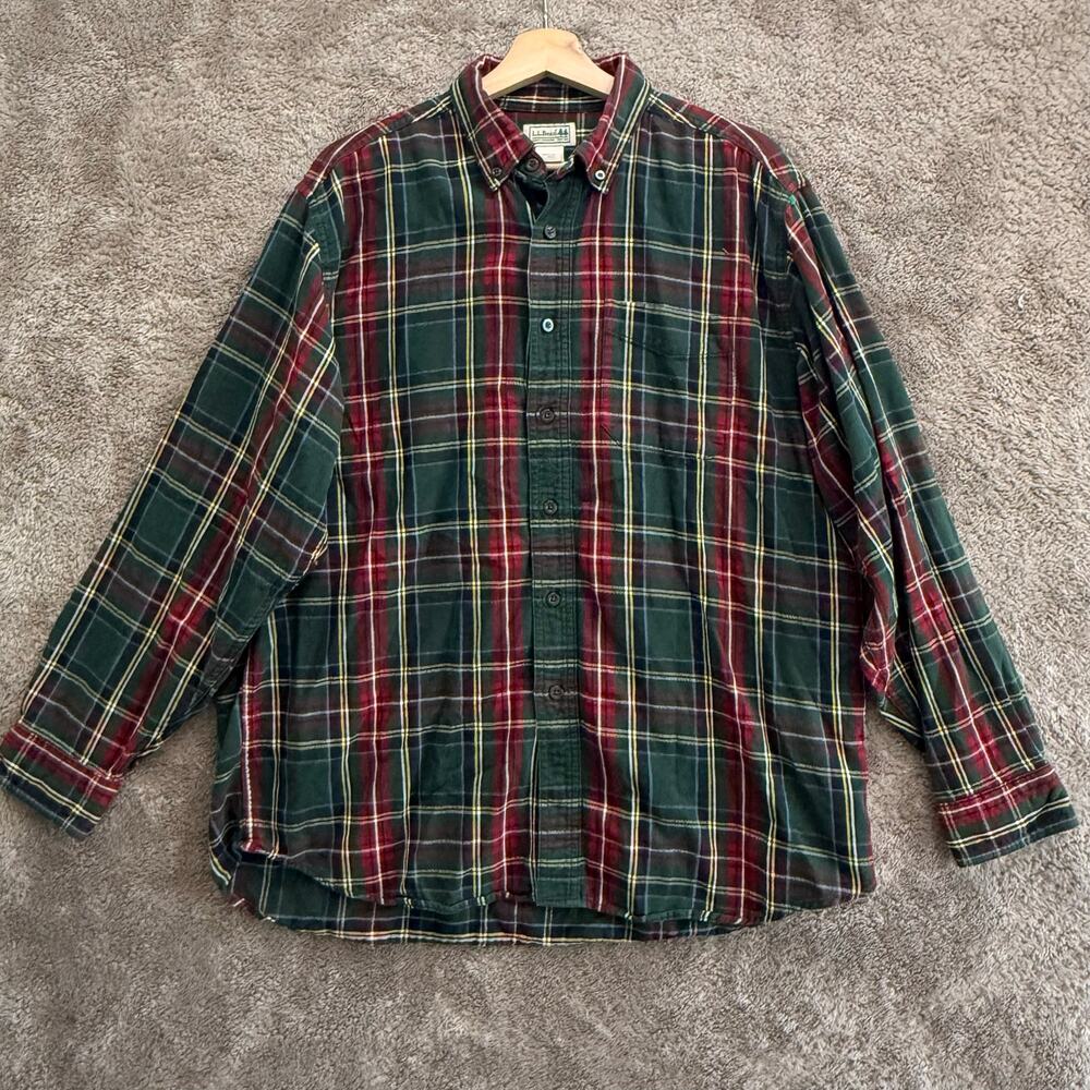 LL Bean Scotch Plaid Flannel Button Down Shirt Green Red Men's L Large
